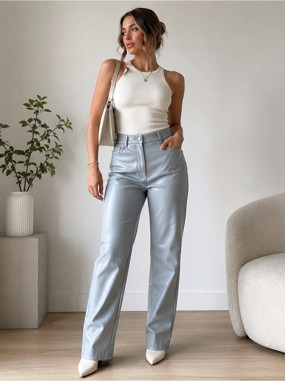 OAK + FORT Vegan Leather Straight Leg Pants Size 8 Grey Blue